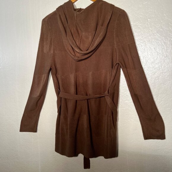 Carol Rose Womens M Brown Hooded Open Front Cardigan Sweater Tie Belt Warm Cozy - Picture 2 of 16